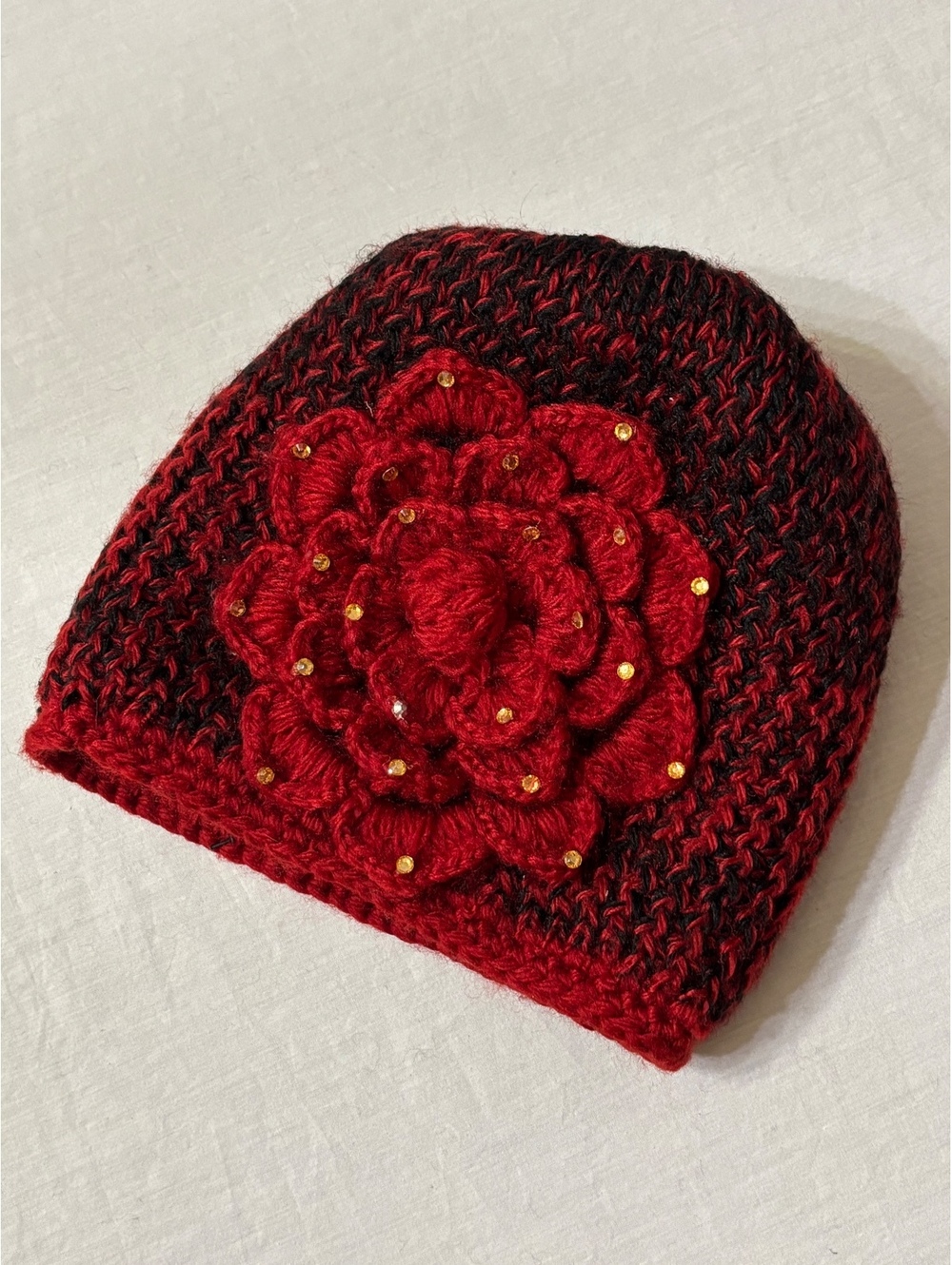 Red and Black Knit Beanie with Beaded Crochet Flower